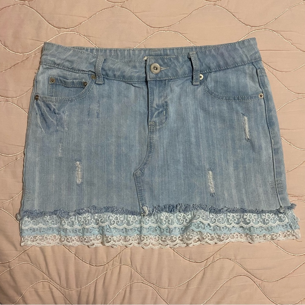 Babydoll/coquette mini jean skirt with lace ruffles